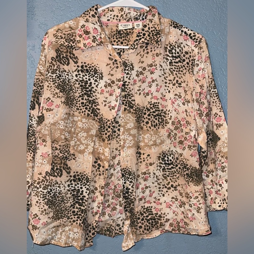 Cato Beige Animal & Floral Button-Up Blouse with Pink Accents